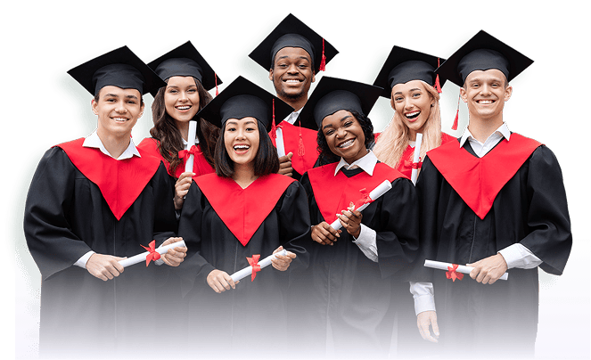 Group of diverse graduates in caps and gowns