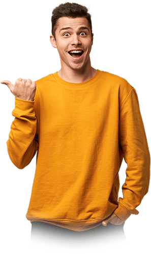 An excited person pointing to skill icons