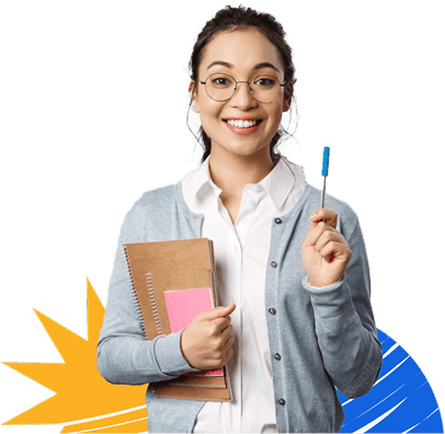 A smiling woman with glasses holding a notebook